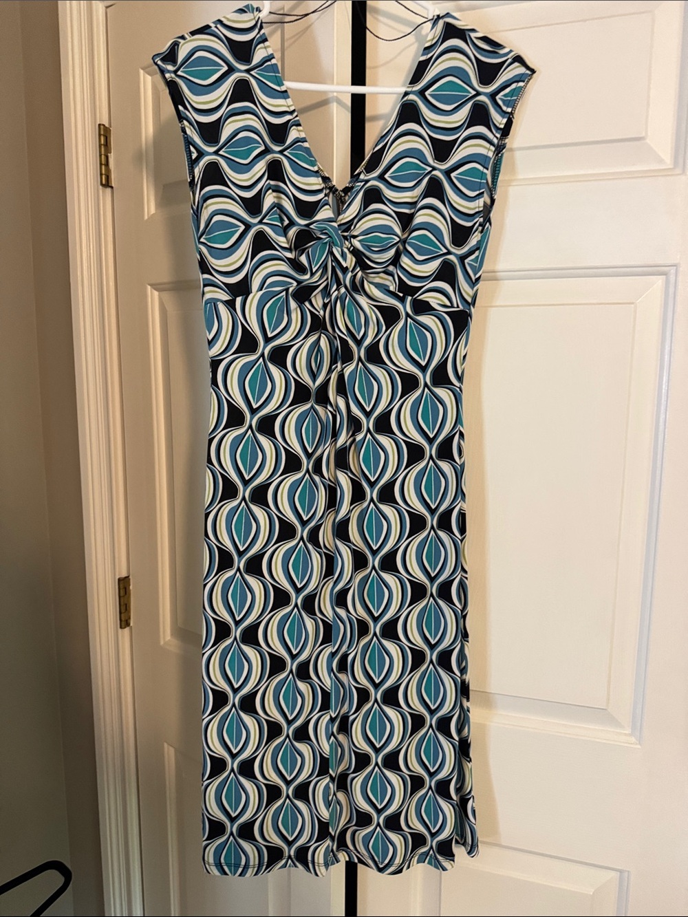 London Style Teal Navy and White Geometric Midi Dress
